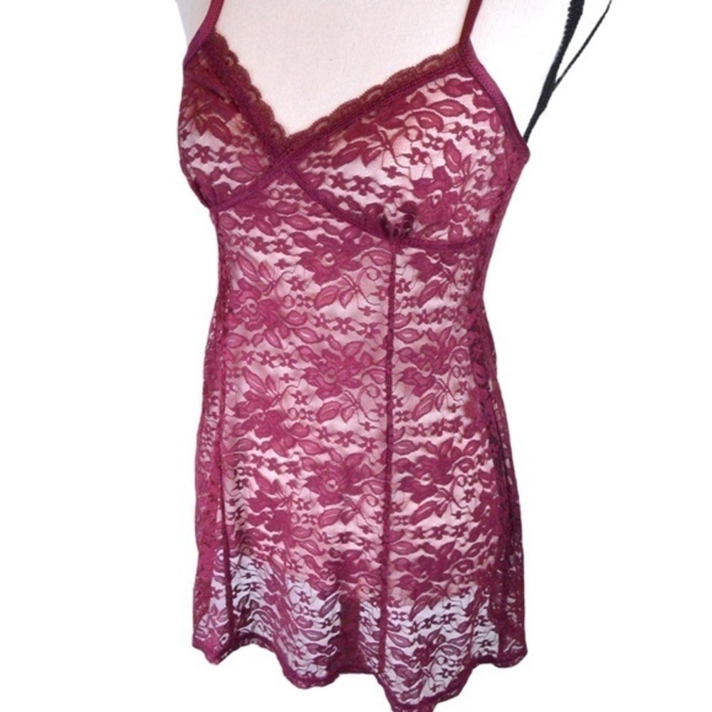 Burgundy Sheer Romantic Floral Lace Negligee Chemise Slip‎ Size Small Babydoll